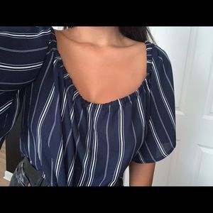 Navy Blue and white stripes off the shoulder top